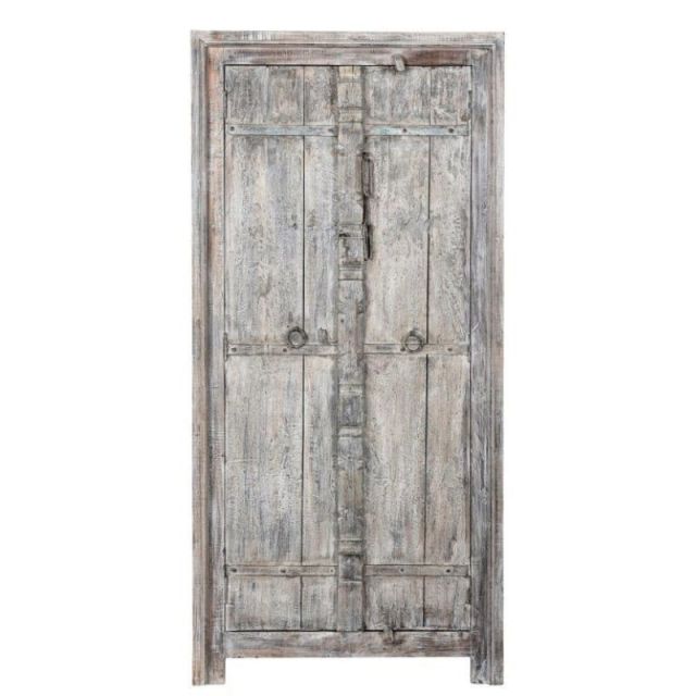 Armoire Indienne Bleue/vert - Bois Massif, Portes Anciennes Cloutées, 200cm, 4 étagères
