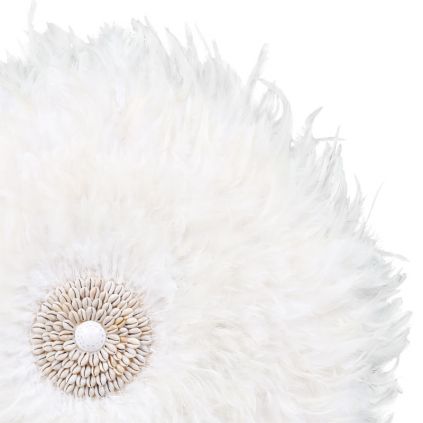 Décoration murale ronde en plumes et coquillages TRIBAL Ø65 cm blanc