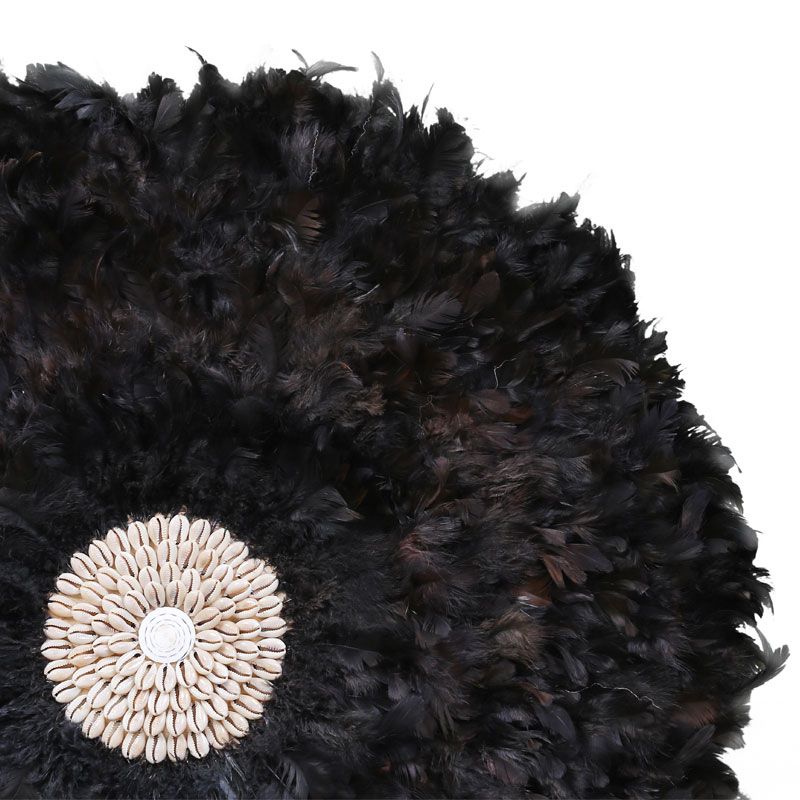Décoration murale ronde en plumes et coquillages TRIBAL Ø65 cm noir