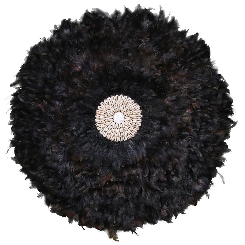 Décoration murale ronde en plumes et coquillages TRIBAL Ø65 cm noir