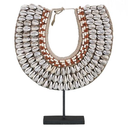 Collier coquillages déco ethnique TRIBAL h40cm gris et rouge