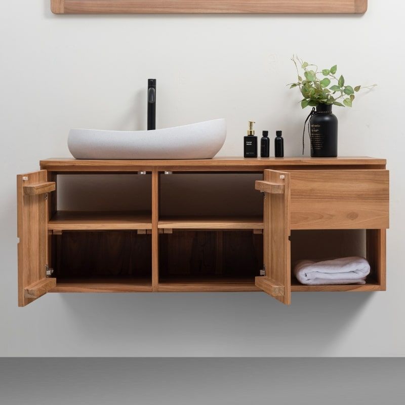 Meuble suspendu salle de bain bois de teck massif MANDI 120cm tiroir