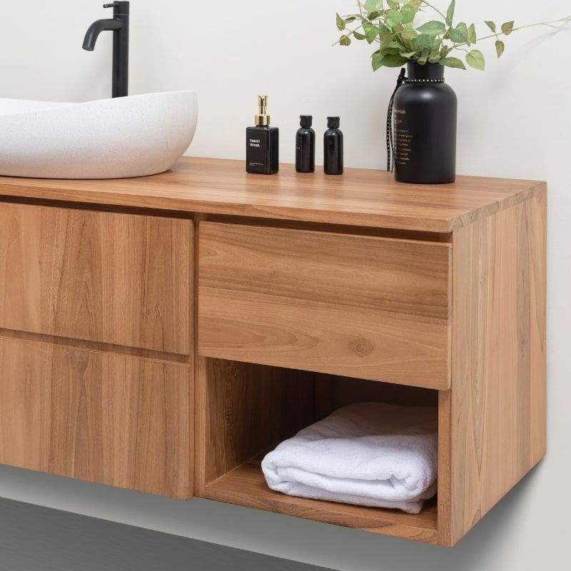Meuble suspendu salle de bain bois de teck massif MANDI 120cm tiroir