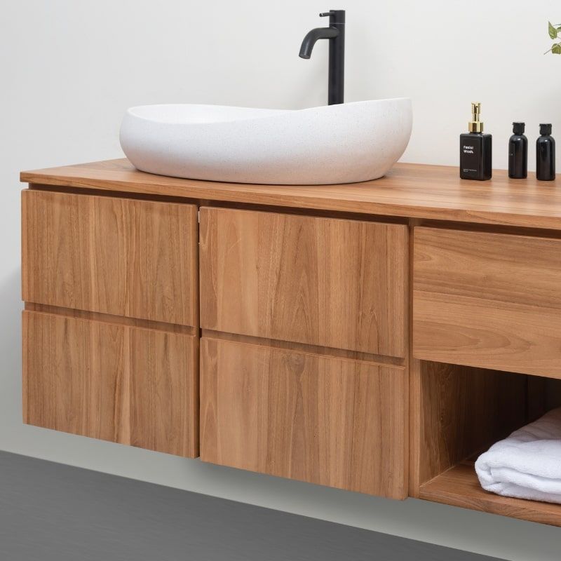 Meuble suspendu salle de bain bois de teck massif MANDI 120cm tiroir