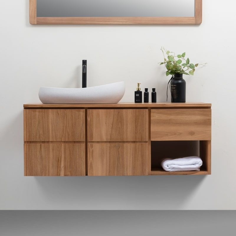 Meuble suspendu salle de bain bois de teck massif MANDI 120cm tiroir