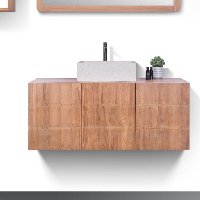 Meuble suspendu salle de bain bois de teck massif MANDI 120cm 3 portes