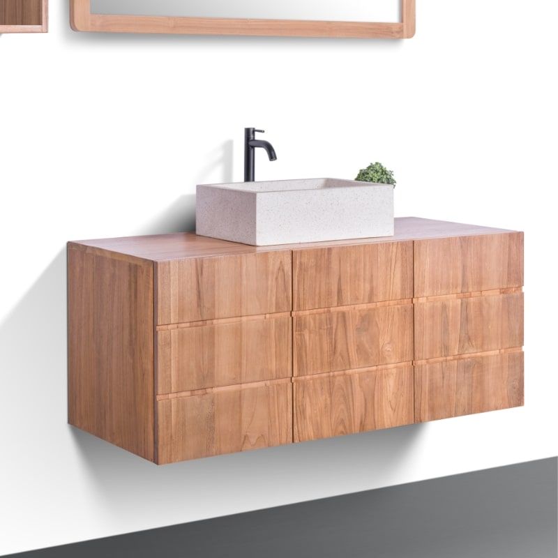 Meuble suspendu salle de bain bois de teck massif MANDI 120cm 3 portes