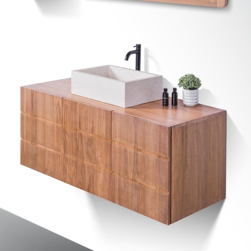Meuble suspendu salle de bain bois de teck massif MANDI 120cm 3 portes
