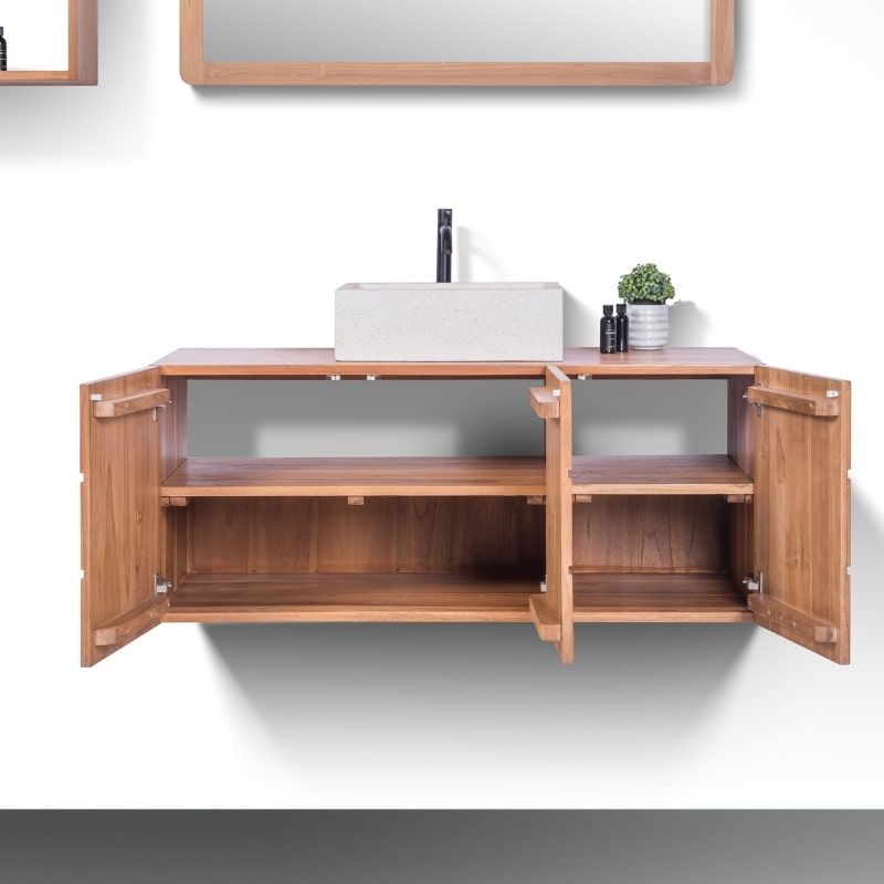 Meuble suspendu salle de bain bois de teck massif MANDI 120cm 3 portes
