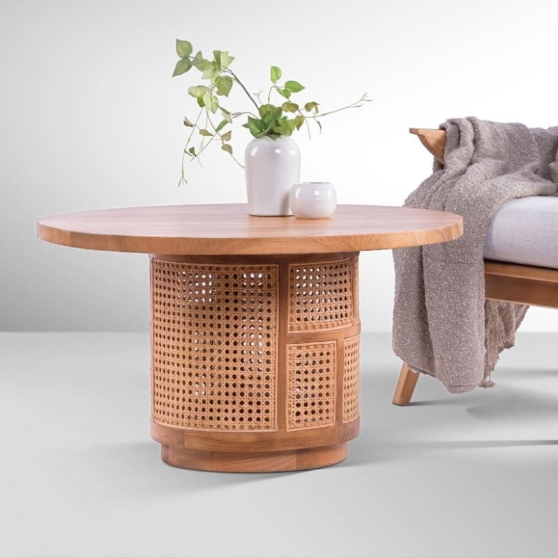 Table basse cannage et teck ronde BOHO d80cm