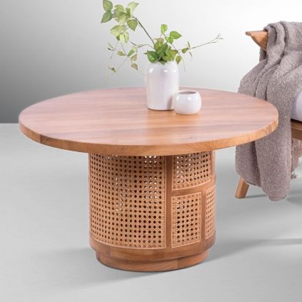Table basse cannage et teck ronde BOHO d80cm