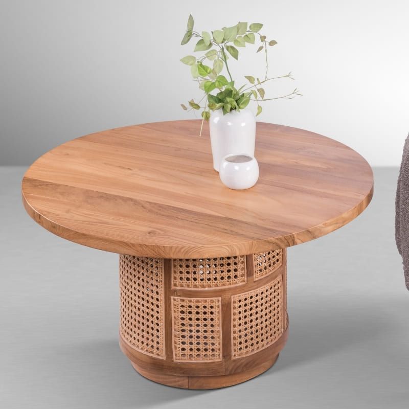 Table basse cannage et teck ronde BOHO d80cm
