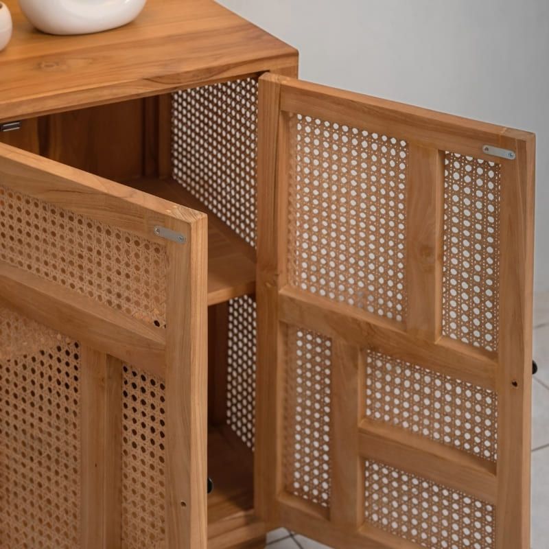 Buffet en cannage et teck BOHO 135cm 3 portes