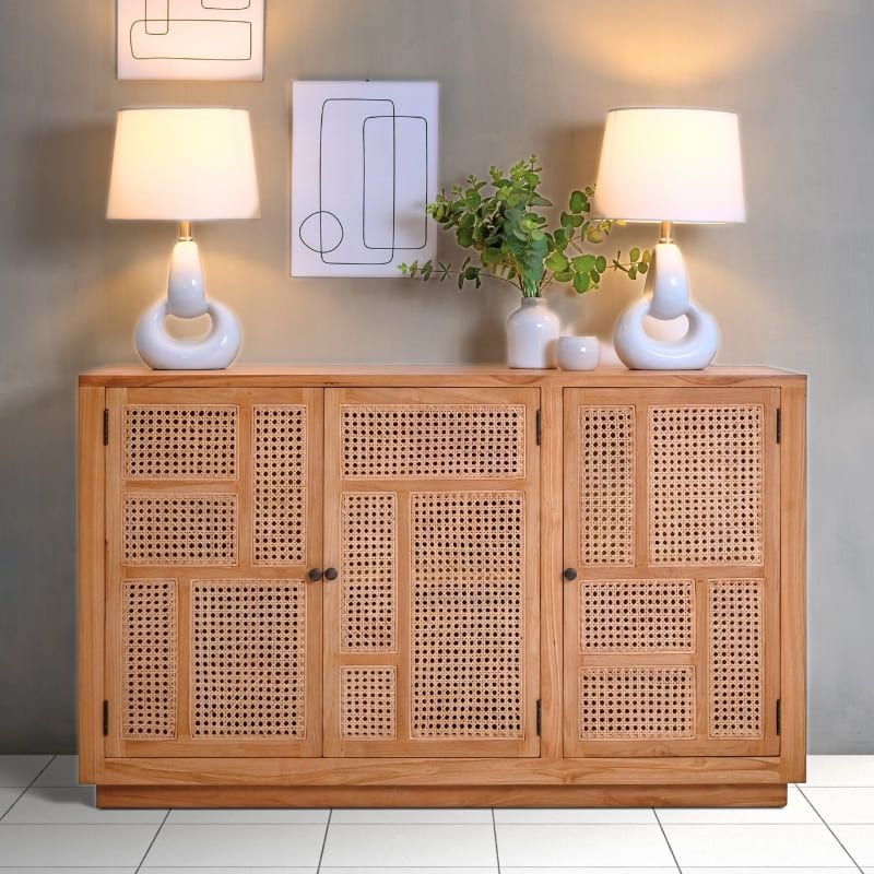 Buffet en cannage et teck BOHO 135cm 3 portes