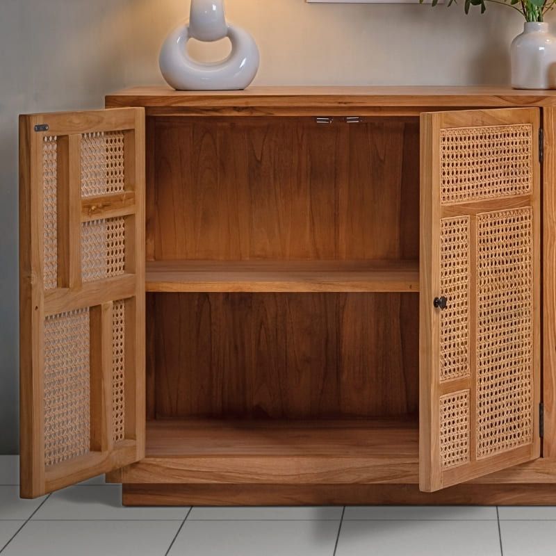 Buffet en cannage et teck BOHO 135cm 3 portes