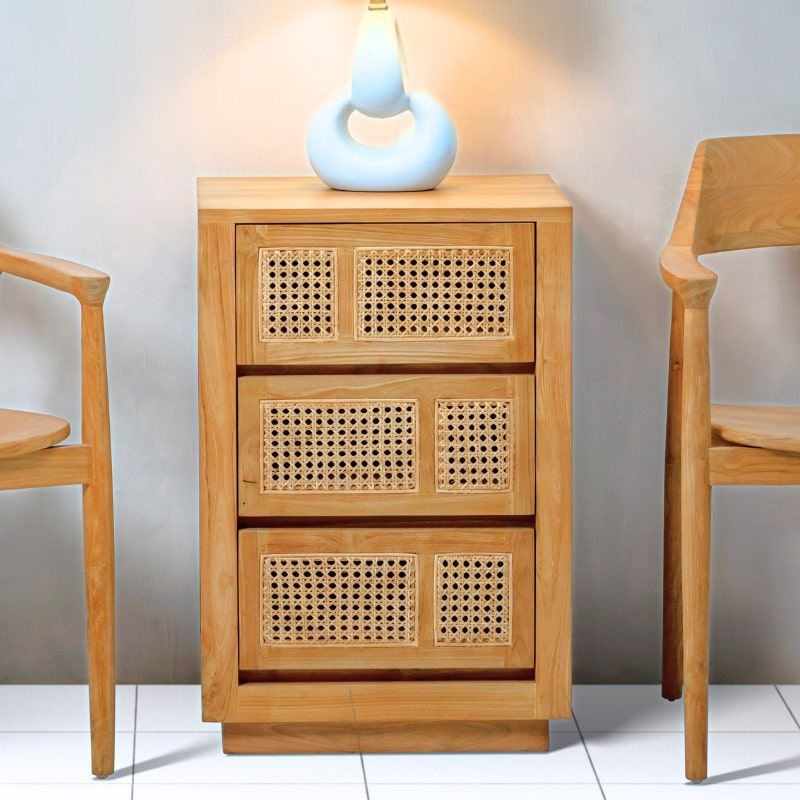 Commode en cannage et teck BOHO 3 tiroirs
