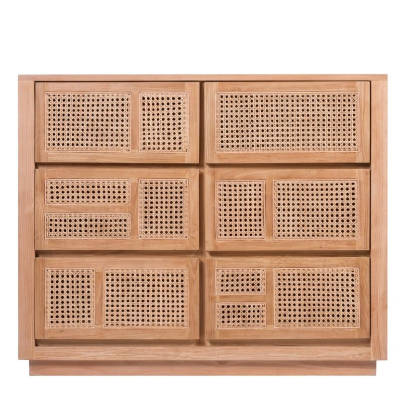 Commode en cannage et teck BOHO 6 tiroirs