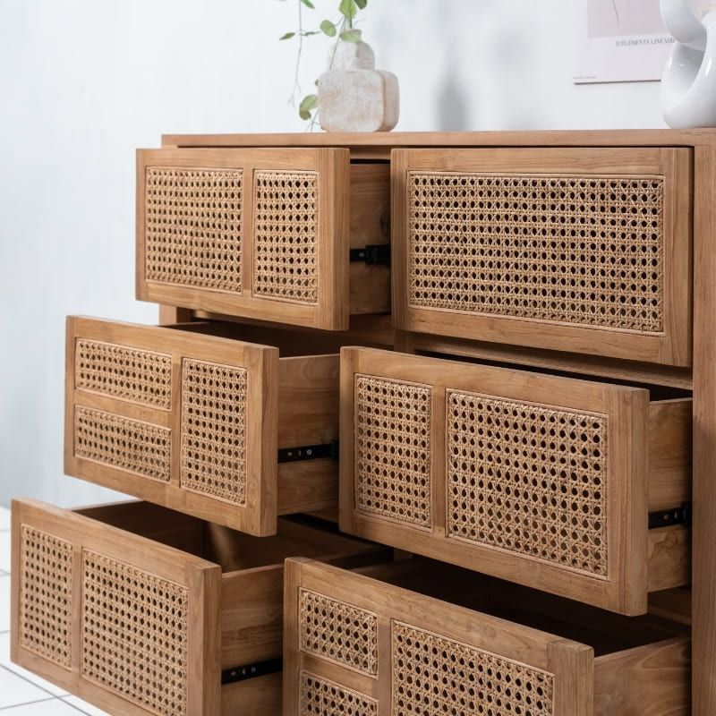 Commode en cannage et teck BOHO 6 tiroirs