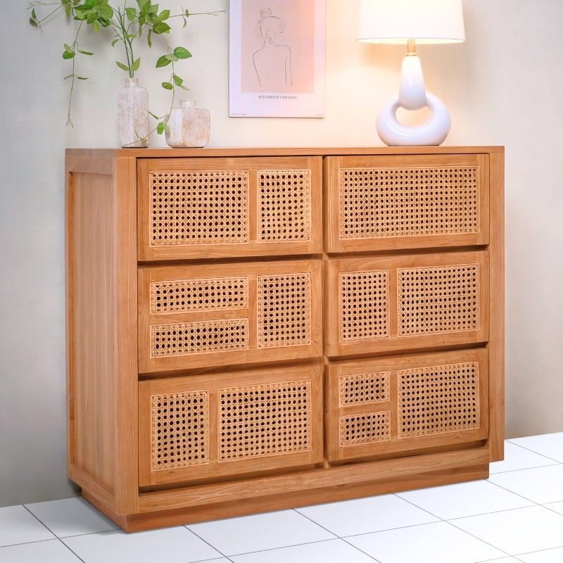 Commode en cannage et teck BOHO 6 tiroirs
