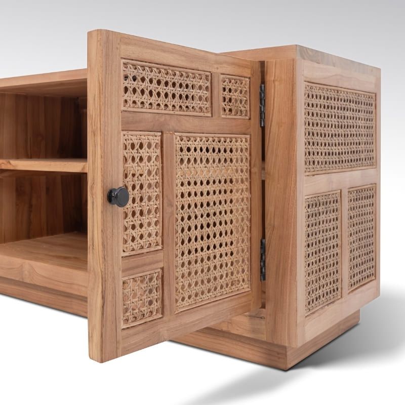 Meuble TV en cannage et teck BOHO 120cm