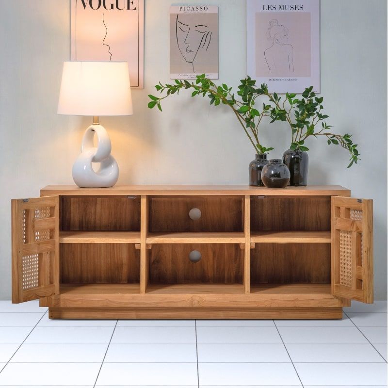 Meuble TV en cannage et teck BOHO 120cm