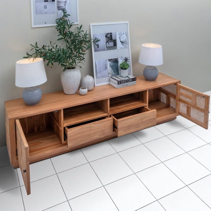 Meuble TV en cannage et teck BOHO 200cm