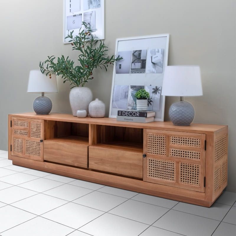 Meuble TV en cannage et teck BOHO 200cm