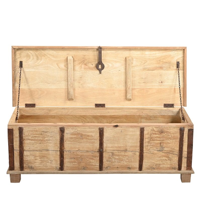 Coffre indien ancien bois massif et fer 131cm INDIA