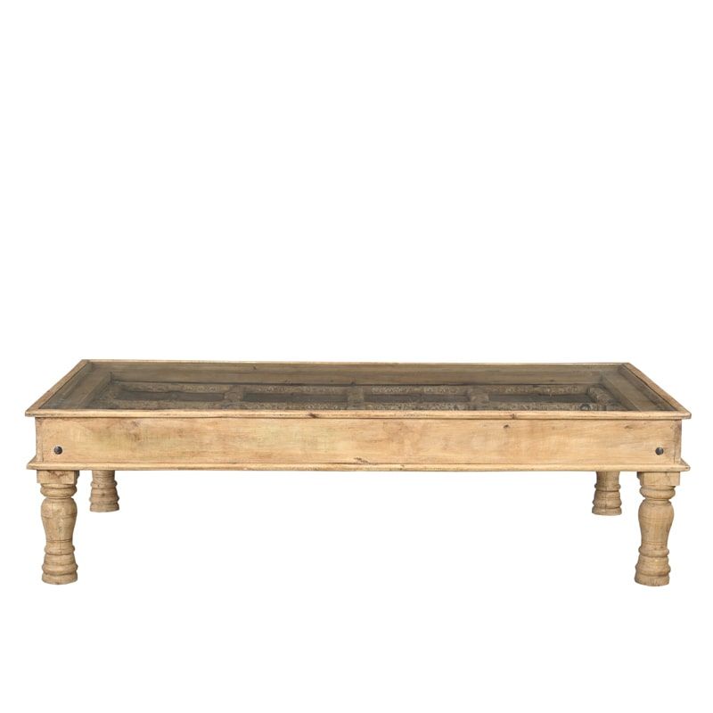 Table basse indienne bois massif et verre 168cm INDIA