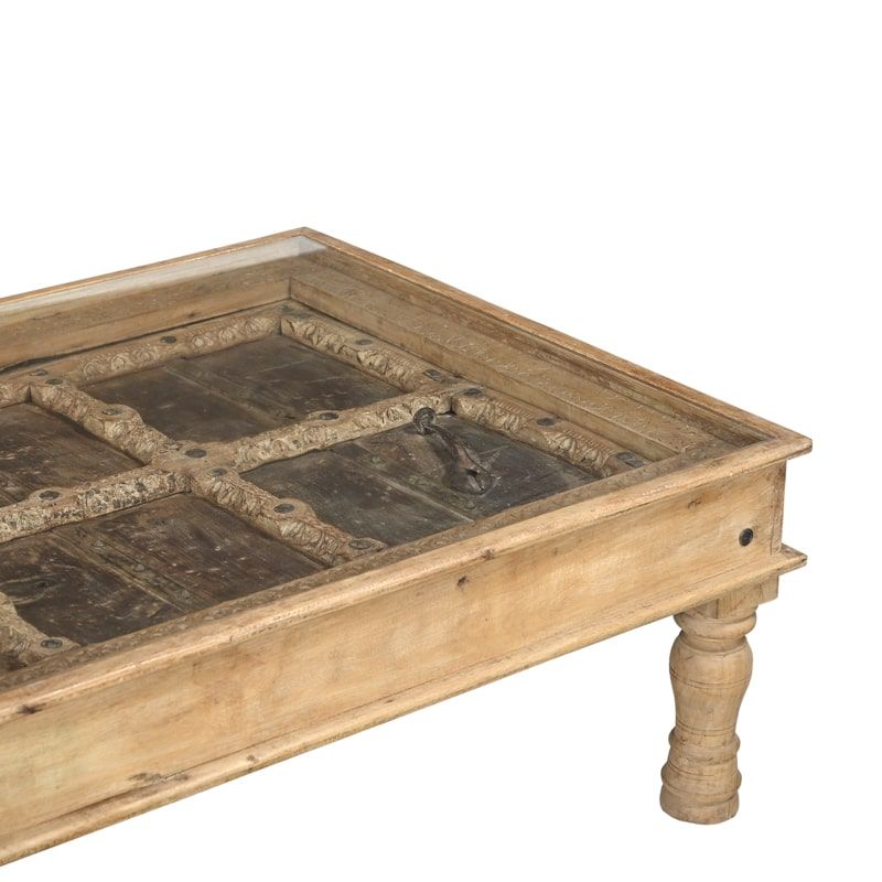 Table basse indienne bois massif et verre 168cm INDIA