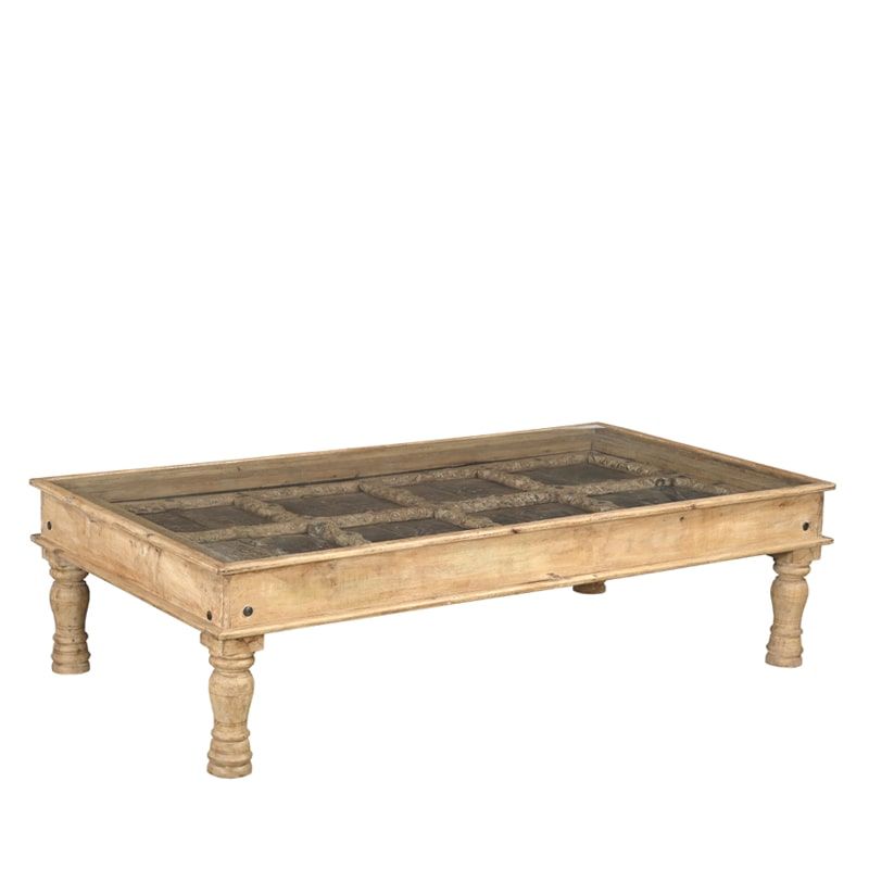 Table basse indienne bois massif et verre 168cm INDIA
