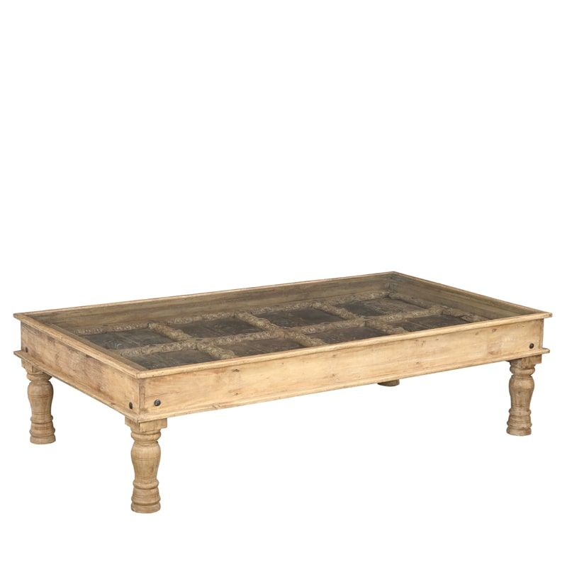 Table basse indienne bois massif et verre 168cm INDIA