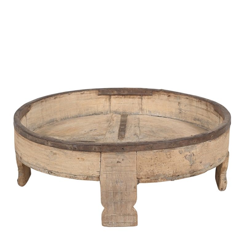 Table Chakki ancien pilon indien en bois massif Ø64cm INDIA