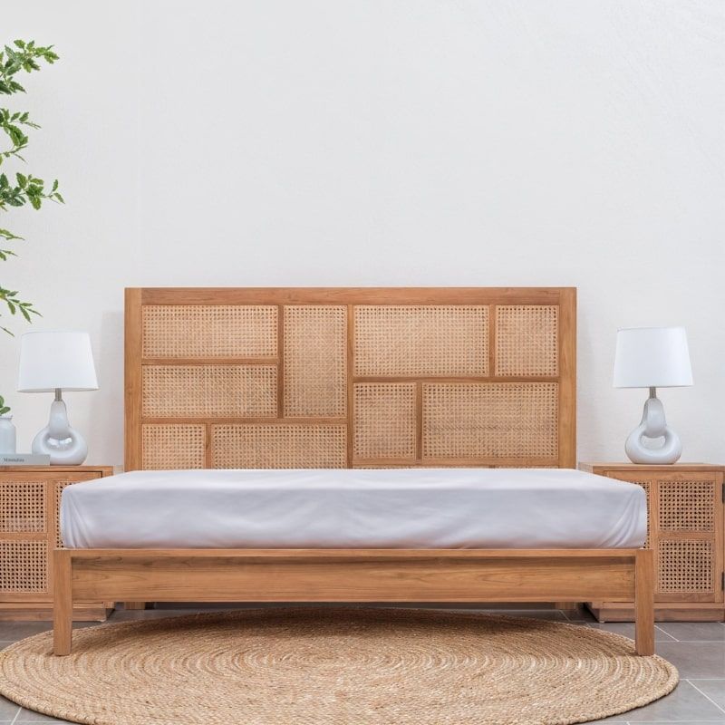 Lit cannage et teck BOHO 160cm