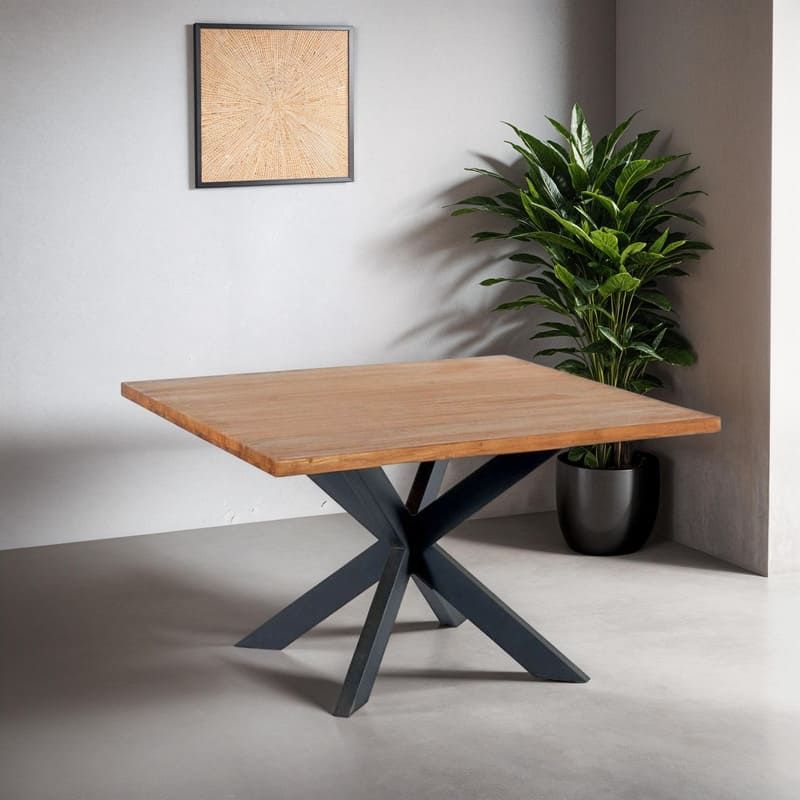 Table carrée teck massif et métal INDUS 130cm