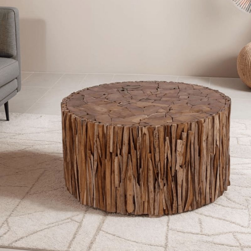 Table basse teck recyclé RUSTIC d80cm ronde