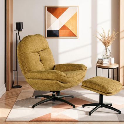 Fauteuil vintage confort en tissu CHESTER Braga avec pouf