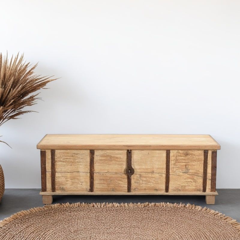 Coffre indien ancien bois massif et fer 131cm INDIA