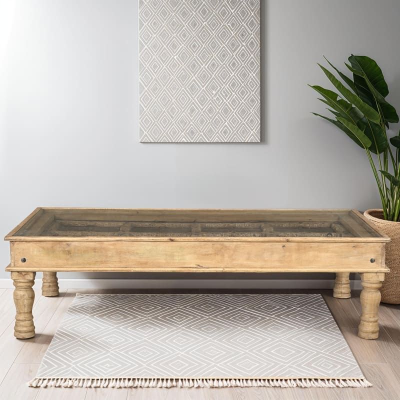 Table basse indienne bois massif et verre 168cm INDIA