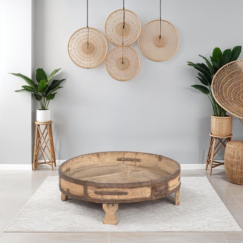 Table basse indienne ronde Chakki en bois INDIA Ø74cm