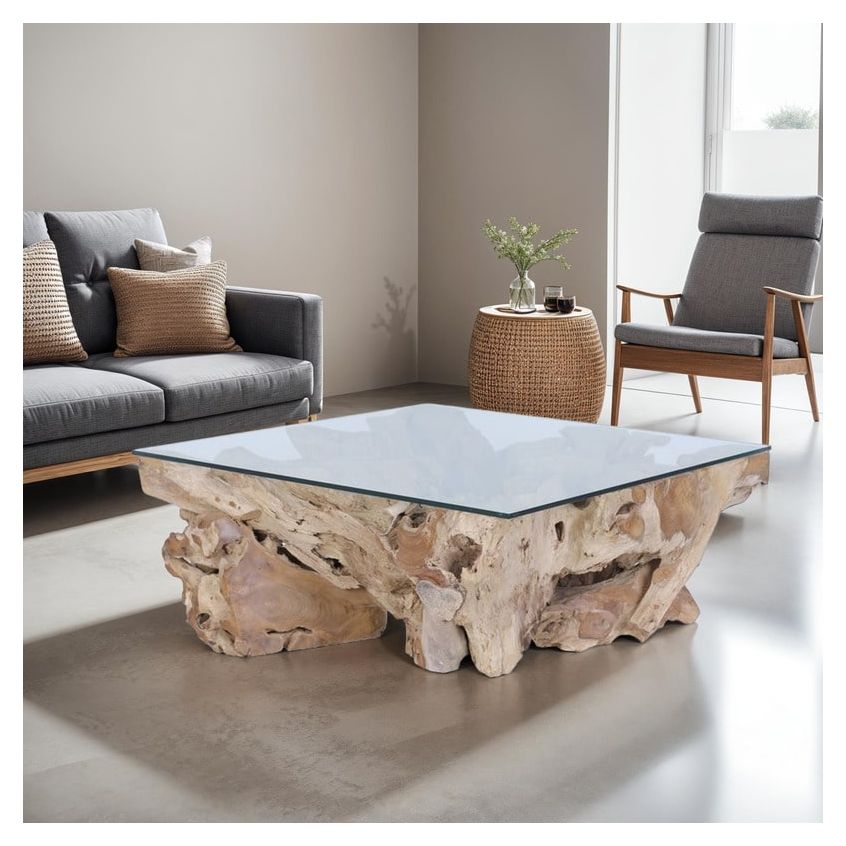 Duo de tables basses de jardin BATUCADA en racine de teck H35cm H28cm