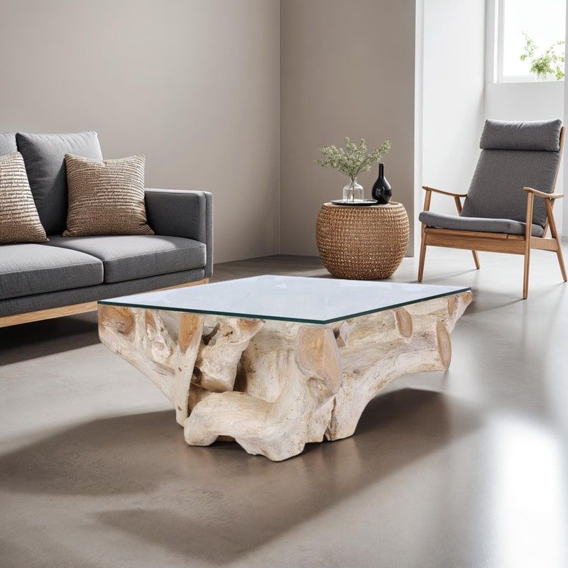Table basse racine teck carrée 80cm RACINE avec verre