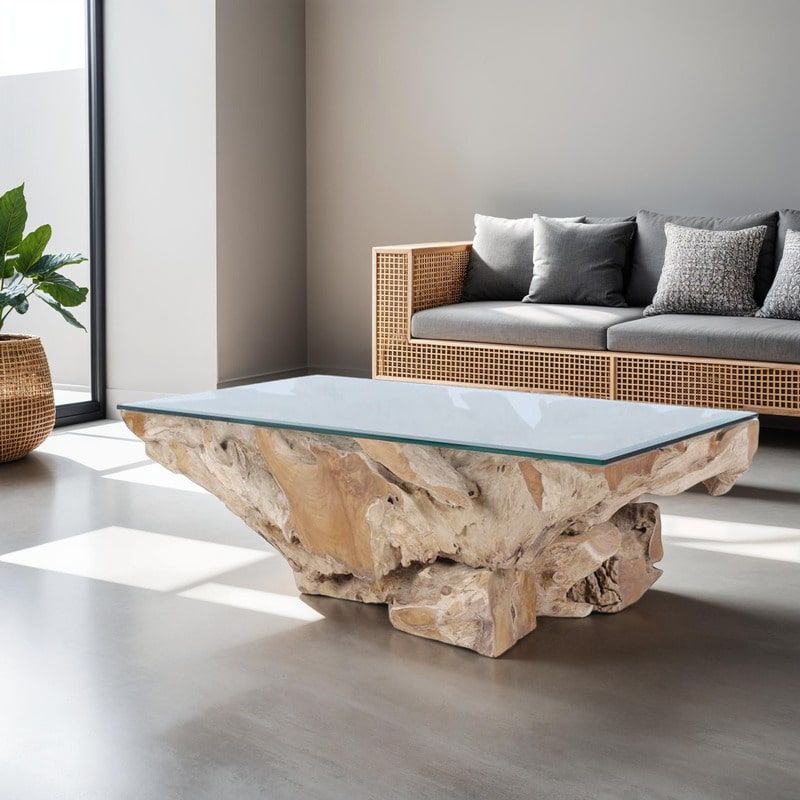 Table basse racine de teck 120cm RACINE avec verre rectangulaire
