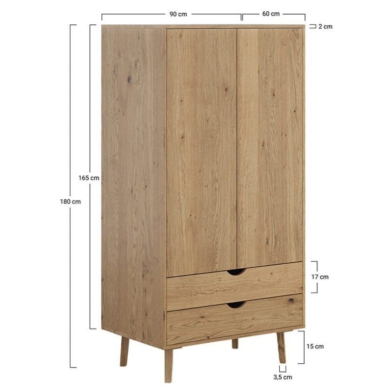 Armoire scandinave en chêne massif huilé h180cm OSLO 2 tiroirs