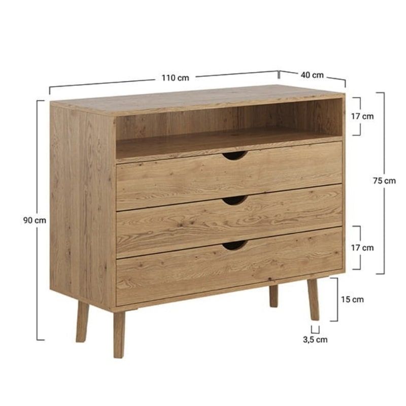 Commode scandinave en chêne massif huilé 110cm OSLO 3 tiroirs