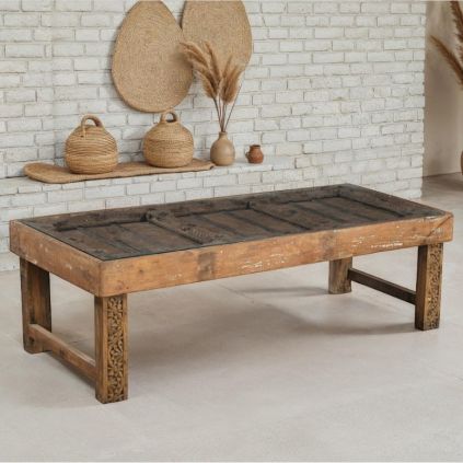 Table basse indienne bois et verre INDIA 151cm