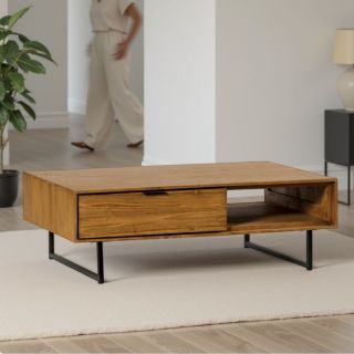 Table basse teck recyclé et métal SALVADOR 120cm 2 tiroirs