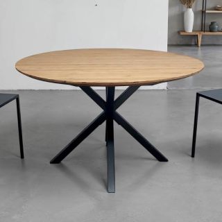 Table repas industrielle ronde teck recyclé SALVADOR 130cm