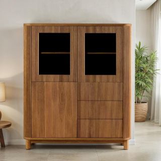 Enfilade vitrée en chêne massif cannelé HOUSTON 130cm