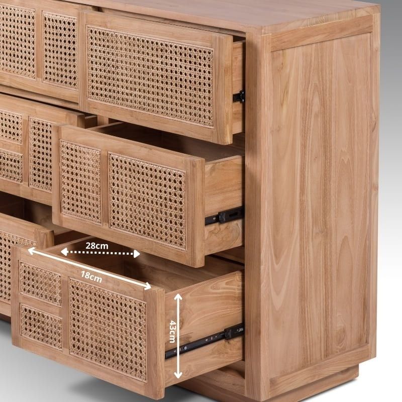 Commode à 6 Tiroirs En Rotin Cannage - Meuble De Rangement Naturel Pour Chambre, Salon, Bureau - 100x34x73 Cm